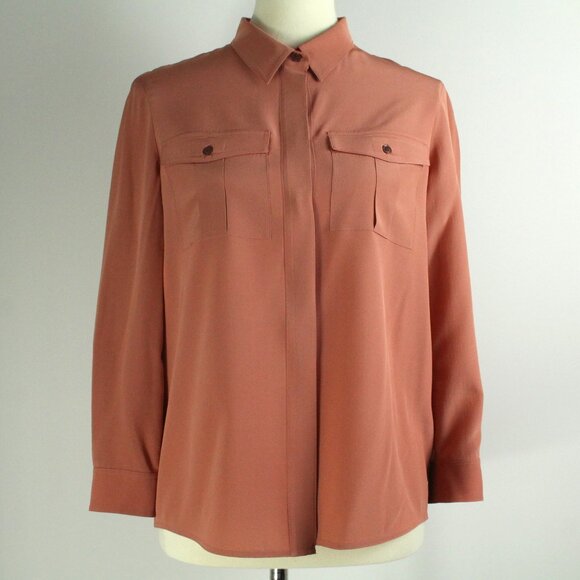 Burberry London Silk Button Front Clay Brown Red Detail Long Sleeve Blouse 6 - Picture 1 of 8